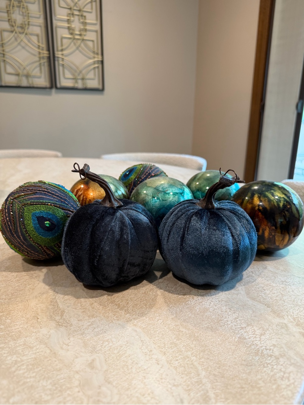 Velvet Decorative Pumpkins and spheres in dark teal, light teal, and bronze